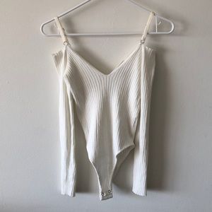 Long Sleeve Bodysuit White Ribbed V Neck XS